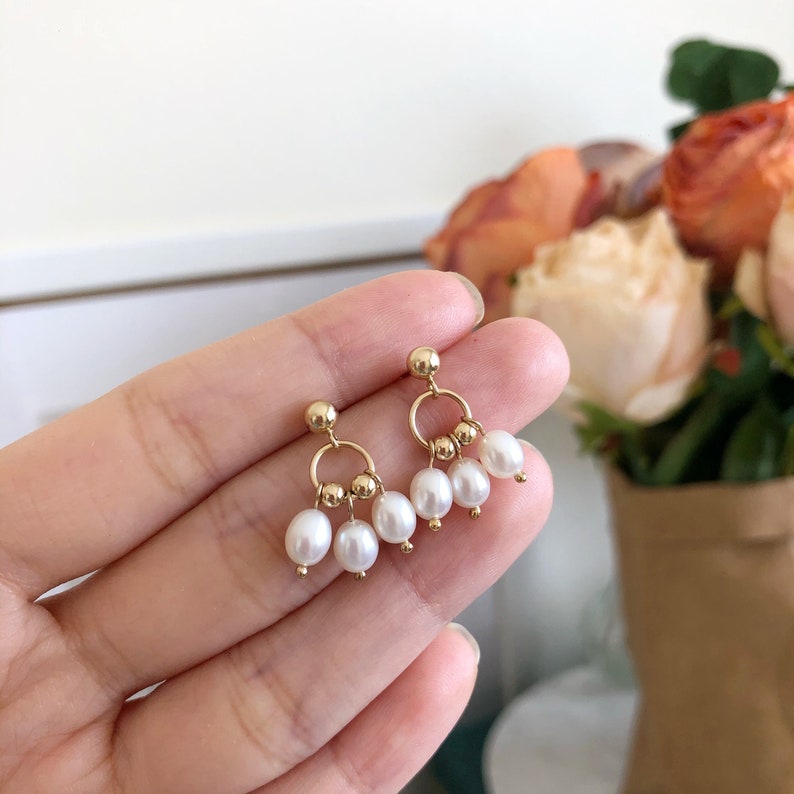 14K Gold Ball Drop Earrings, Mini Hoop Dangle Earrings, Beaded Freshwater Pearl Earrings, Drop Studs Everyday Dainty Earrings, Delicate Gift image 3