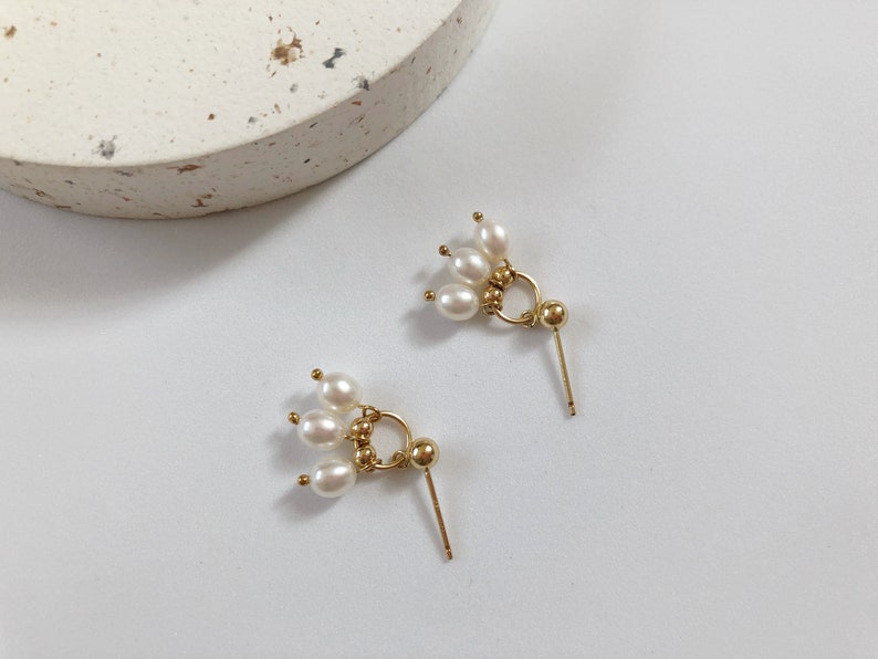 14K Gold Ball Drop Earrings, Mini Hoop Dangle Earrings, Beaded Freshwater Pearl Earrings, Drop Studs Everyday Dainty Earrings, Delicate Gift image 5