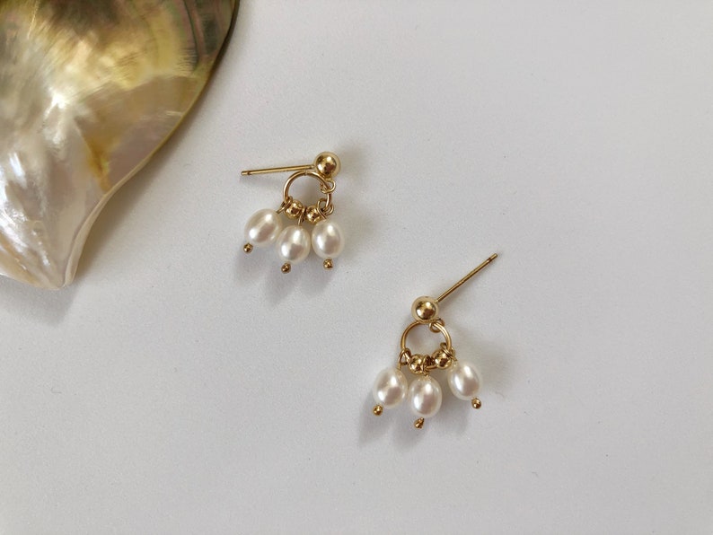 14K Gold Ball Drop Earrings, Mini Hoop Dangle Earrings, Beaded Freshwater Pearl Earrings, Drop Studs Everyday Dainty Earrings, Delicate Gift image 4