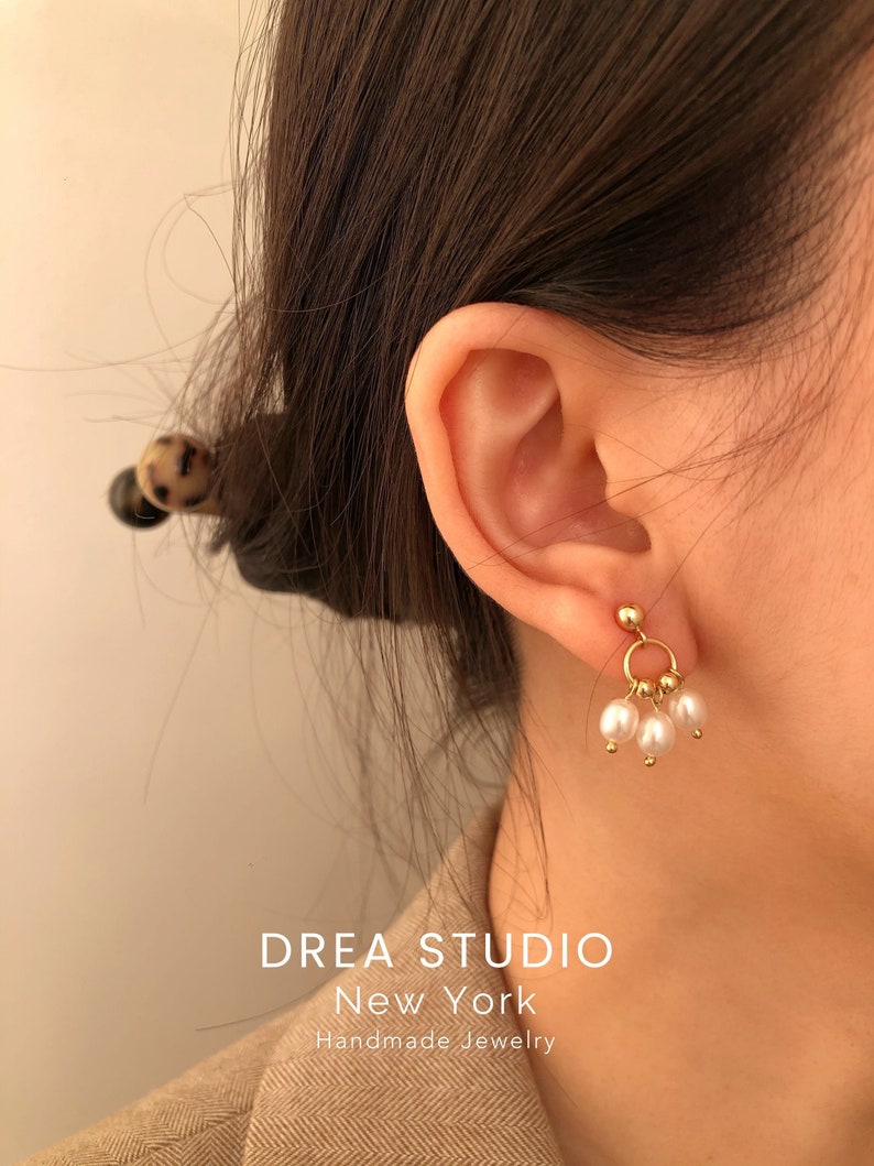 14K Gold Ball Drop Earrings, Mini Hoop Dangle Earrings, Beaded Freshwater Pearl Earrings, Drop Studs Everyday Dainty Earrings, Delicate Gift image 1