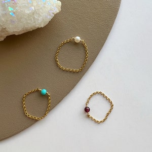 14k Gold-filled Freshwater Pearl Chain Ring, Gemstone Thin Cable Chain Layering Ring, Pearl Mini Ring, Natural turquoise Ring, Garnet Ring image 6