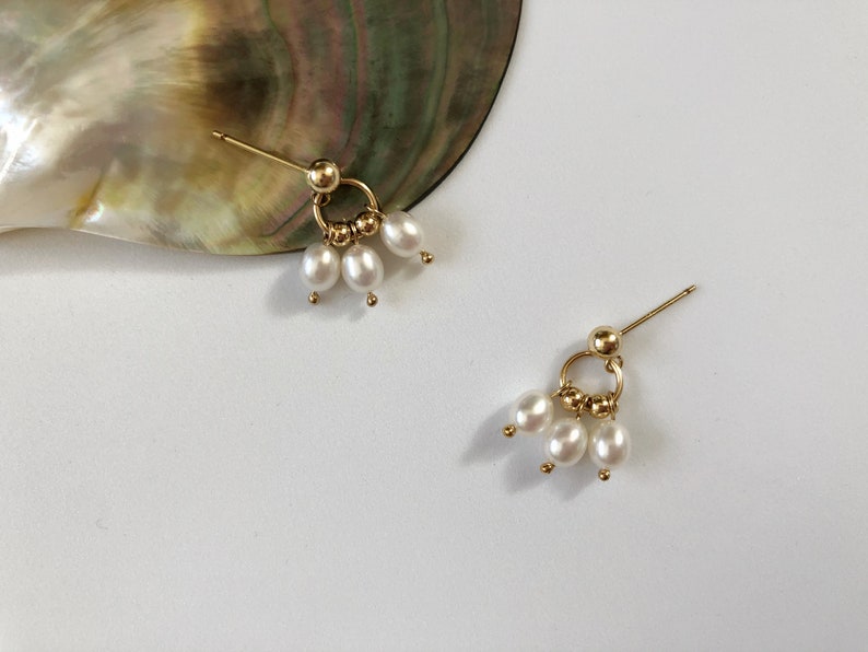 14K Gold Ball Drop Earrings, Mini Hoop Dangle Earrings, Beaded Freshwater Pearl Earrings, Drop Studs Everyday Dainty Earrings, Delicate Gift image 8