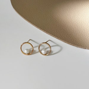 Circle Akoya Pearl Stud Earrings, Dainty Gold Everyday wear Earring, Mini AK Pearl Earrings, Natural White Freshwater Pearl Earrings image 6
