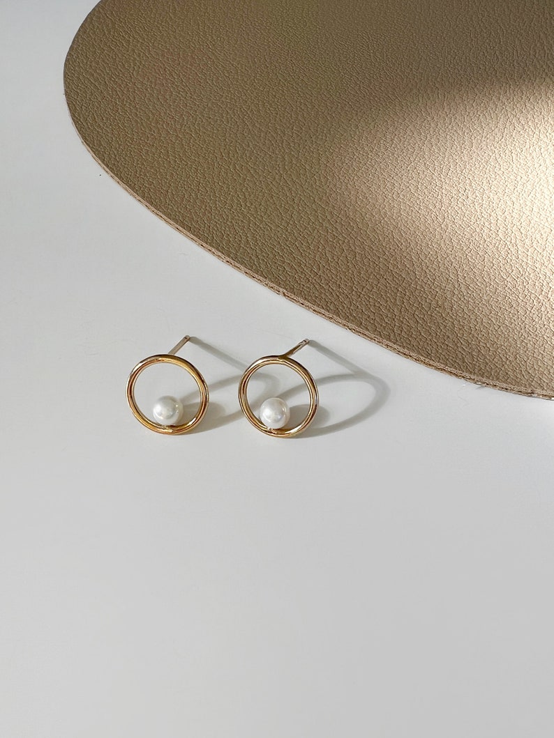 Circle Akoya Pearl Stud Earrings, Dainty Gold Everyday wear Earring, Mini AK Pearl Earrings, Natural White Freshwater Pearl Earrings image 6