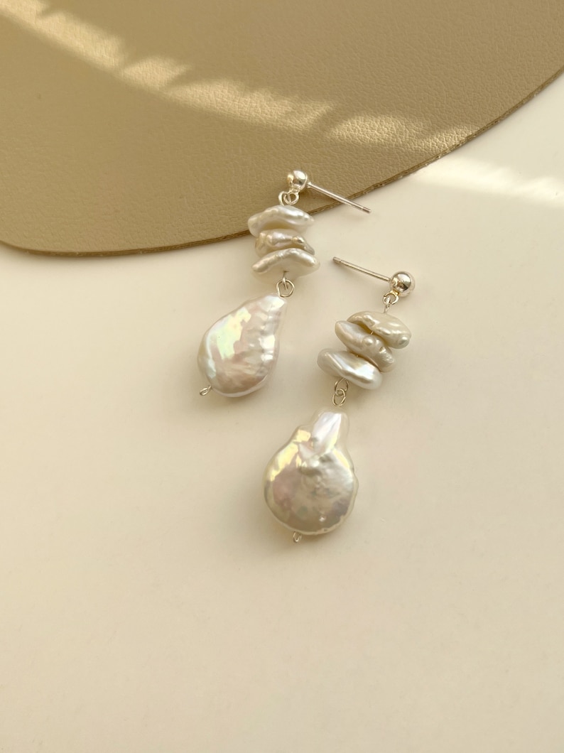 FINAL SALE 14K Gold Pearl Dangle Earrings, Beaded Pearl Earrings, Gold Drop Earrings, Pearl Statement Earrings, Dainty Earrings image 3