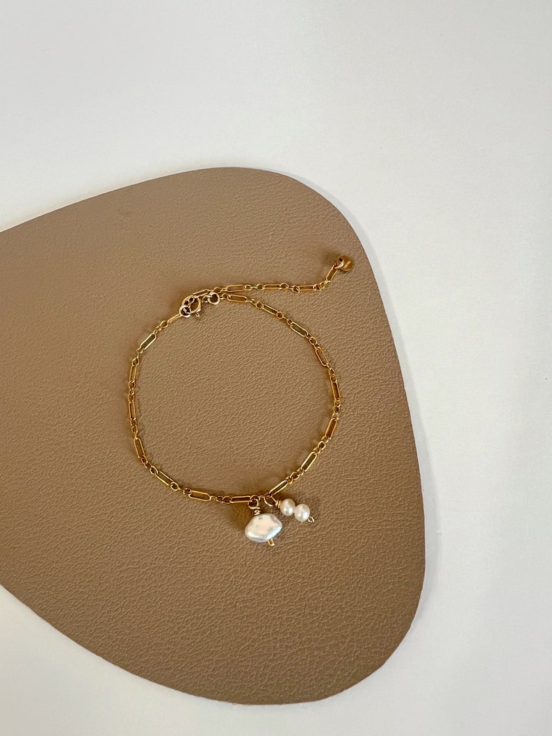 14k Gold Chain Dainty Anklet, Beaded Pearl Pendant Ankle Bracelet Adjustable, Layered Beaded Anklet, Baroque Pearl Anklet, Gift for Her image 2