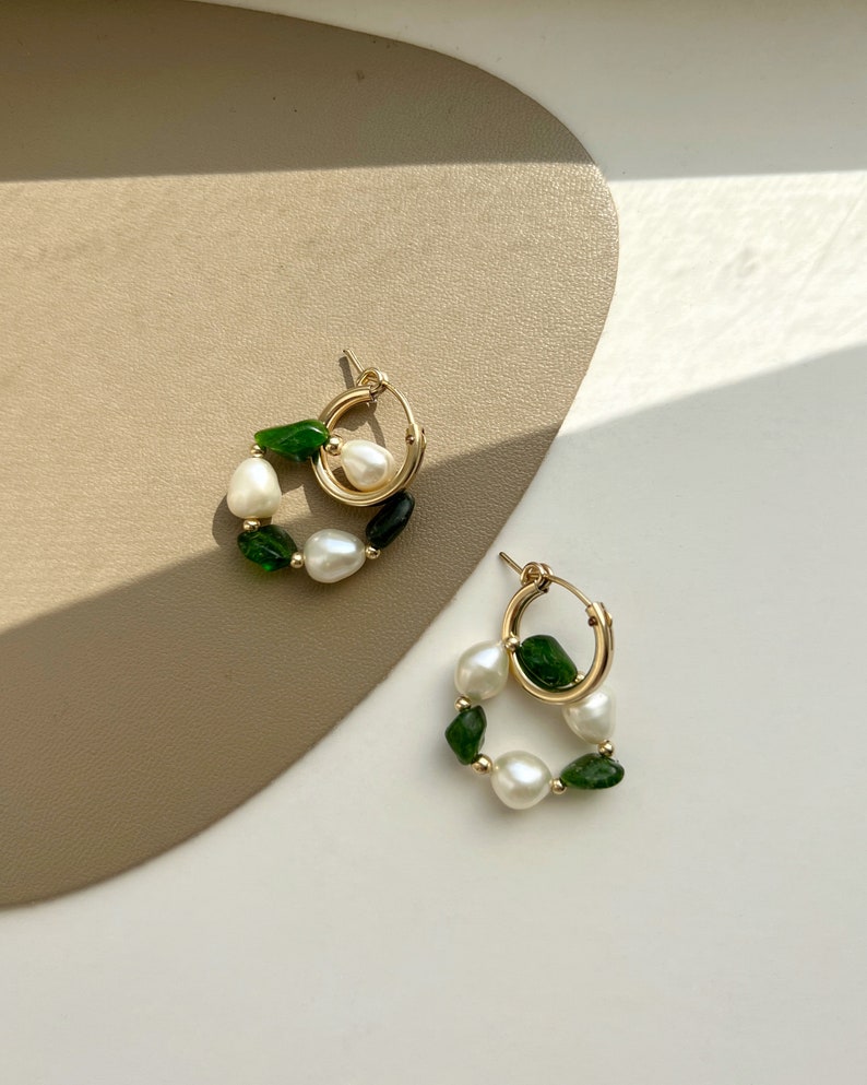 Diopside Gold Huggie Earring, 14k Gold Natural Gemstone Pendant Hoop Earring, Green Gold Earrings, Vintage Gold Huggie, Gift for her image 7