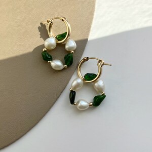 Diopside Gold Huggie Earring, 14k Gold Natural Gemstone Pendant Hoop Earring, Green Gold Earrings, Vintage Gold Huggie, Gift for her image 5