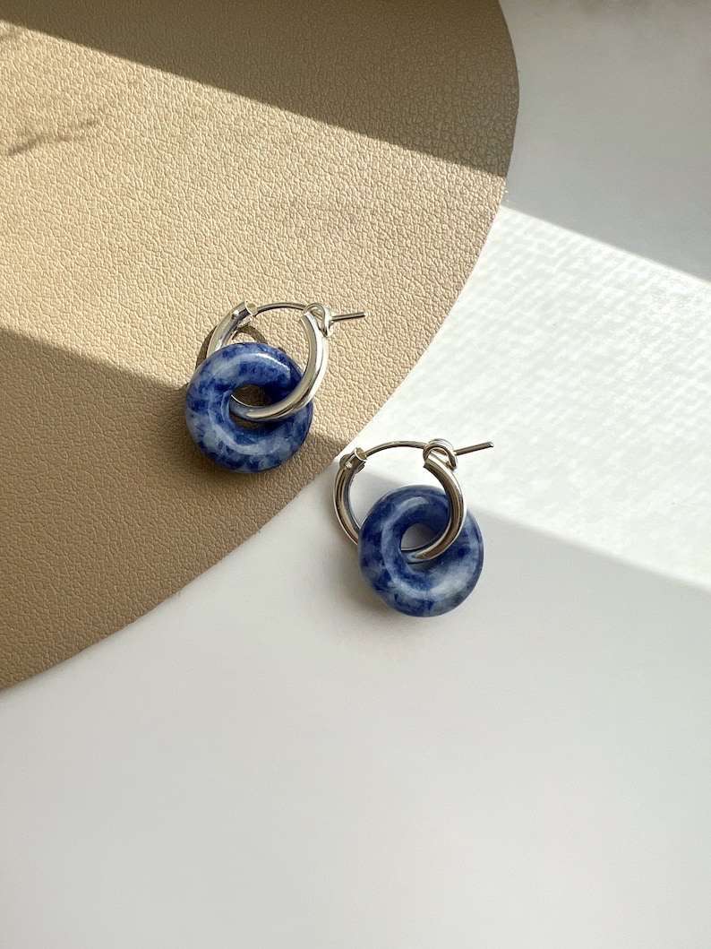 Dumortierite S925 Sterling Silver Huggie Earring, Natural Gemstone Pendant Hoop Earring, Blue Silver Earrings, Minimal Silver Huggie image 1