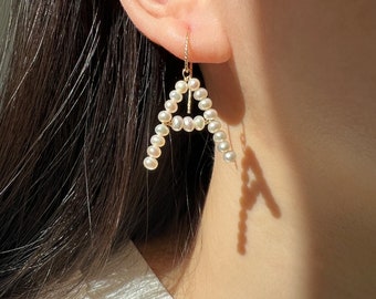 Alphabet Custom Beaded Pearl Initial Charm Pendant Earring, 14K Gold Filled Letter Charm Earring, Statement Earrings Unique Gift for her