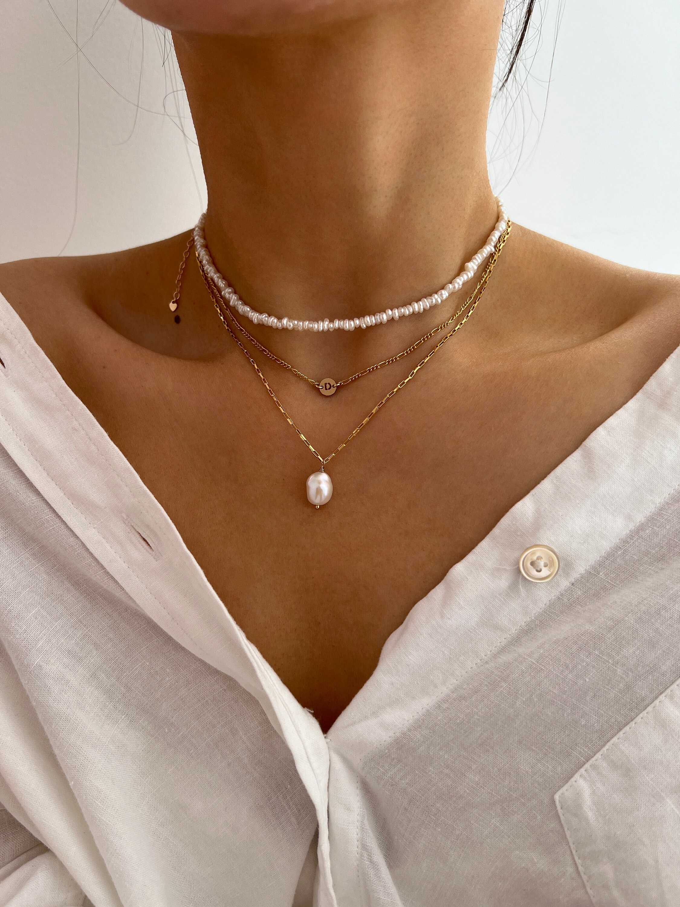 14K Gold Pearl Pendant Necklaces, Chain Adjustable Necklace