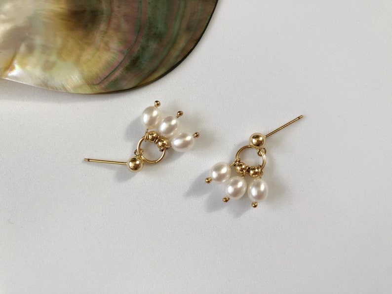 14K Gold Ball Drop Earrings, Mini Hoop Dangle Earrings, Beaded Freshwater Pearl Earrings, Drop Studs Everyday Dainty Earrings, Delicate Gift image 7