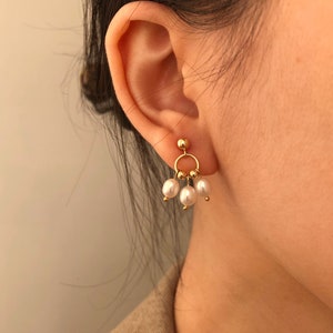 14K Gold Ball Drop Earrings, Mini Hoop Dangle Earrings, Beaded Freshwater Pearl Earrings, Drop Studs Everyday Dainty Earrings, Delicate Gift image 2