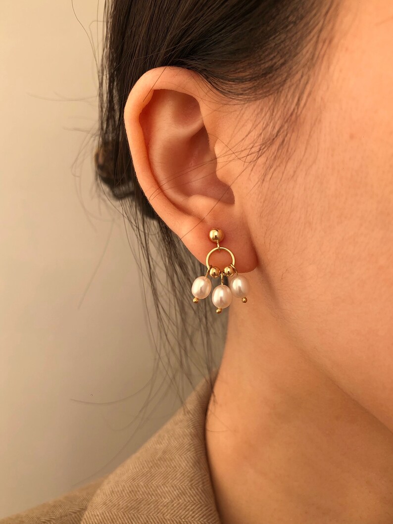 14K Gold Ball Drop Earrings, Mini Hoop Dangle Earrings, Beaded Freshwater Pearl Earrings, Drop Studs Everyday Dainty Earrings, Delicate Gift image 2