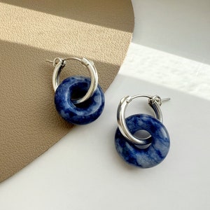 Dumortierite S925 Sterling Silver Huggie Earring, Natural Gemstone Pendant Hoop Earring, Blue Silver Earrings, Minimal Silver Huggie image 4