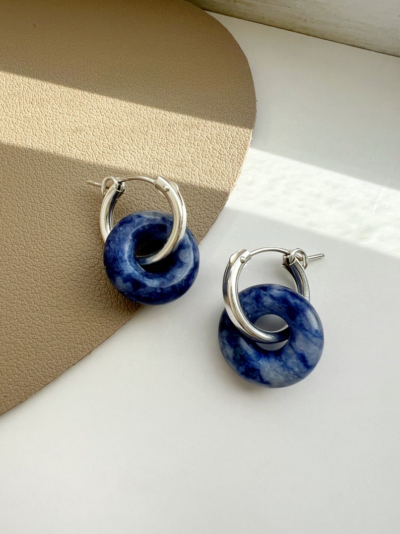 Dumortierite S925 Sterling Silver Huggie Earring, Natural Gemstone Pendant Hoop Earring, Blue Silver Earrings, Minimal Silver Huggie image 4