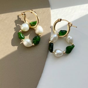Diopside Gold Huggie Earring, 14k Gold Natural Gemstone Pendant Hoop Earring, Green Gold Earrings, Vintage Gold Huggie, Gift for her image 3