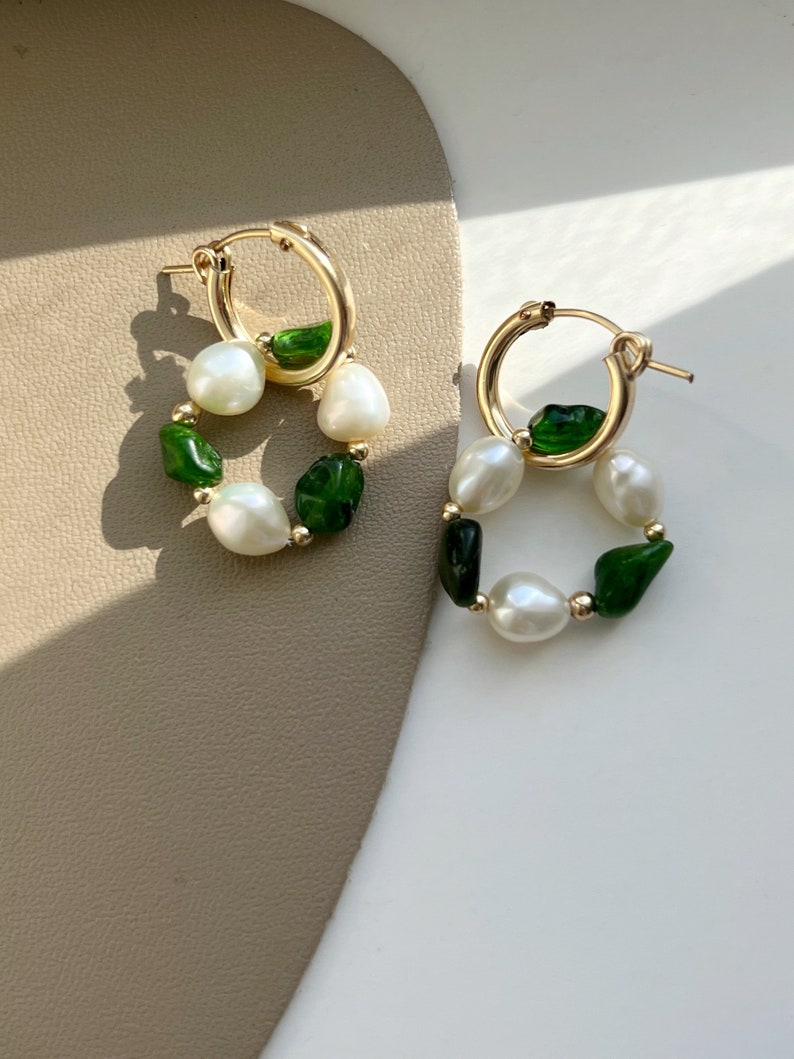 Diopside Gold Huggie Earring, 14k Gold Natural Gemstone Pendant Hoop Earring, Green Gold Earrings, Vintage Gold Huggie, Gift for her image 3