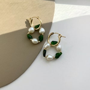 Diopside Gold Huggie Earring, 14k Gold Natural Gemstone Pendant Hoop Earring, Green Gold Earrings, Vintage Gold Huggie, Gift for her image 6