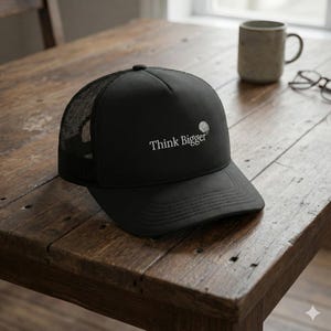 Può includere: Cappellino da camionista nero con retro in rete e visiera curva. Il cappellino presenta la scritta "Think Bigger" in bianco, insieme a una piccola grafica. Il cappellino è appoggiato su un tavolo di legno.