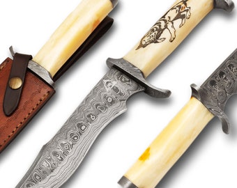 Hand Forged Fire Damascus Hunting Bowie Knife Full Tang Blade,  Camel Bone, Premium Hunting Knife Great Gift and Damascus Steel Hand Guard