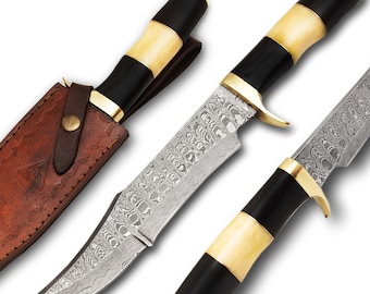 Damascus Steel Handmade  Hunting Bowie Knife, Military, Survival Knife, Ram Horn & Camel Bone Handle , Full Tang with Leather Sheath
