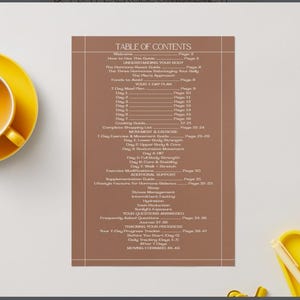 May include: A brown and white document titled "TABLE OF CONTENTS" with a list of topics. A yellow teacup and saucer are in the upper left corner. A yellow tray with a pen is in the lower right corner.