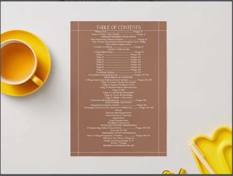 May include: A brown and white document titled "TABLE OF CONTENTS" with a list of topics. A yellow teacup and saucer are in the upper left corner. A yellow tray with a pen is in the lower right corner.