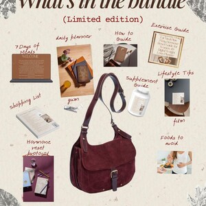 May include: A promotional image titled "What's in the bundle" with various lifestyle items. Includes a burgundy suede shoulder bag, a daily planner, a supplement guide, an exercise guide, and other wellness-related items. The website address is www.reallygreatsite.com.