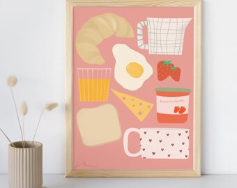 May include: A pink background with illustrations of breakfast foods, including a croissant, a fried egg, a glass of orange juice, a slice of cheese, a piece of toast, a mug with hearts, a jar of marmalade, and strawberries.