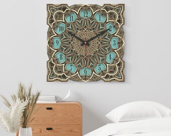 Wooden Wall Clock, Colorful Mandala, Housewarming Gift, Multi layer Wall Clock, Wood Tier Wall Clock, Silent Sweep Wooden Wall Decor