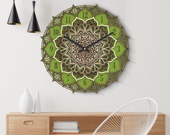 Träväggklocka med flera lager, färgglad mandala-väggklocka, träväggklocka med lager och yoga, inflyttningspresent, tyst svepande träväggdekoration,