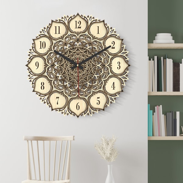 Wooden Multi layer Wall Clock, Colorful Mandala Wall Clock, Housewarming Gift, Wood Tier Wall Clock, Silent Sweep Wooden Wall Decor,