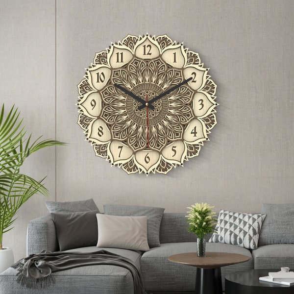 Colorful Mandala Wooden Wall Clock,  Multi layer Wall Clock, Silent Sweep Wooden Wall Decor, Wood Tier Wall Clock,  India Housewarming Gift