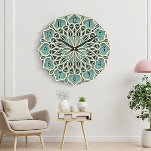 Wooden Multi layer Wall Clock, Colorful Mandala Wall Clock, Wood Tier Wall Clock, Housewarming Gift ,Silent Sweep Wooden Wall Decor,