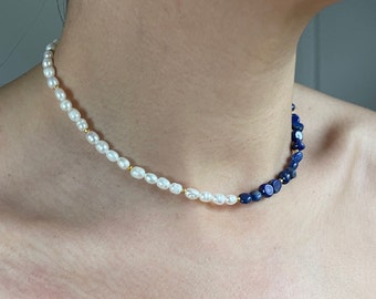 Lapis lazuli necklace| Freshwater pearl crescent necklace with golden accents