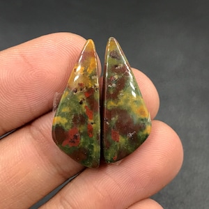 Könnte beinhalten: Ein Paar tropfenförmige, grüne, rote und gelbe Jaspis-Cabochons. Die Cabochons sind poliert und haben eine glatte, glänzende Oberfläche.