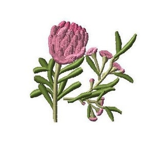 May include: Pink and green embroidered flower with a single large bloom and several smaller buds.
