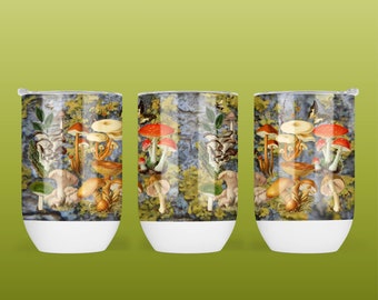 Mushrooms/Nature Collage 12 Oz Stainless Steel Stemless Wine Tumbler With Lid And Straw