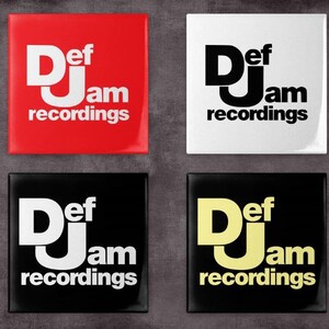 May include: Four square buttons with the Def Jam Recordings logo. The logos are in different colors: red, white, black with white text, and black with gold text.
