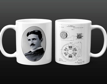 Nikola Tesla Portrait Mug, AC Motor Schematic, Engineer Gift
