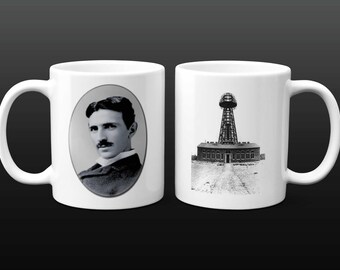 Nikola Tesla Ceramic Mug: Wardenclyffe Tower Portrait, Dishwasher Safe