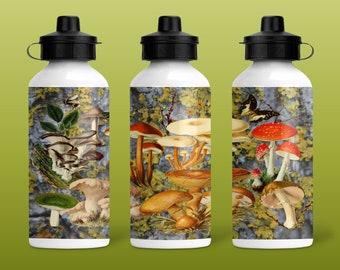 Mushroom Collage Aluminum Water Bottle, Two Lids (20 oz)