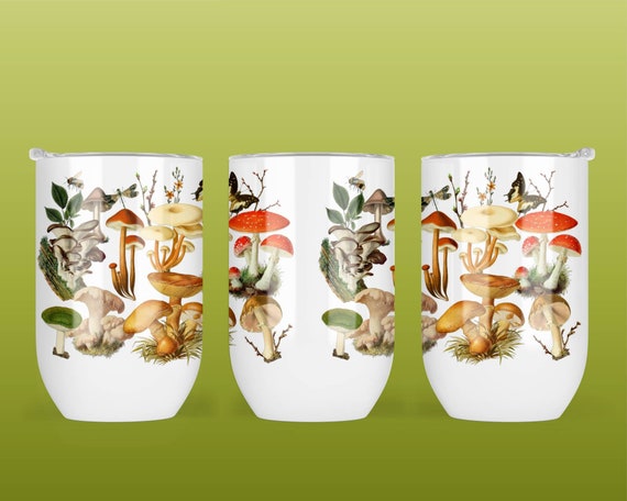 Mushrooms/Nature Collage 12 Oz Stainless Steel Stemless Wine Tumbler With Lid And Straw