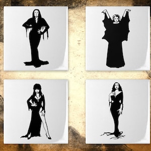 Ladies Of Classic TV Horror Coasters Set OF Four Ceramic Tile or Neoprene with Morticia Adams, Elvira, Lily Munster, and Vampira