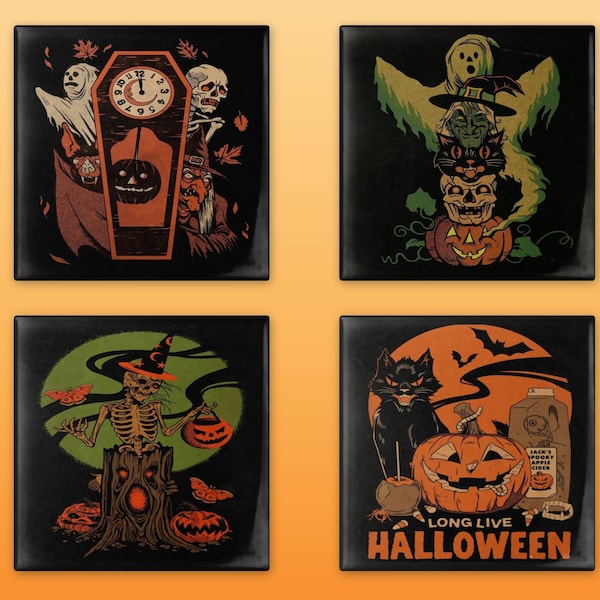 Zestaw czterech podstawek z motywem Halloween w stylu vintage, z płytek ceramicznych lub neoprenu, darmowa wysyłka