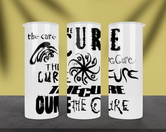 The Cure Tumbler All Logos 20 0z skinny with lid, straw, and cleaning brush