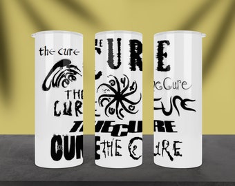 The Cure Tumbler All Logos 20 0z skinny with lid, straw, and cleaning brush