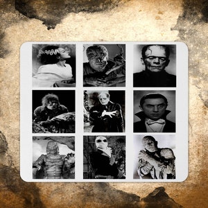 Puede incluir: Un collage de nueve imágenes en blanco y negro de monstruos clásicos de películas de terror. Las imágenes incluyen al monstruo de Frankenstein, Drácula, la criatura de la laguna negra, la momia y el hombre lobo.
