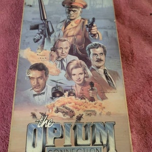May include: A VHS tape cover for the movie "The Opium Connection". The cover features a group of people, including a man in a military uniform, a woman holding a gun, and a man on a phone. The background is a cityscape with a map of Iran.
